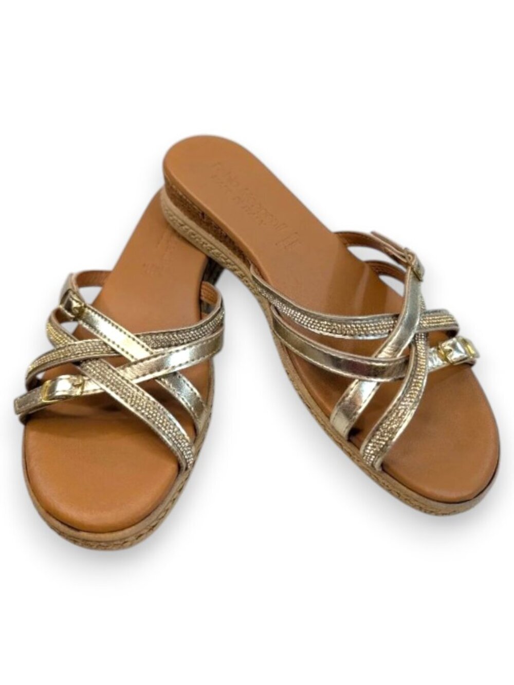 Fabio Maggenti Metallic Gold Rhinestone Strappy Espadrille Cork Wedge Sandals